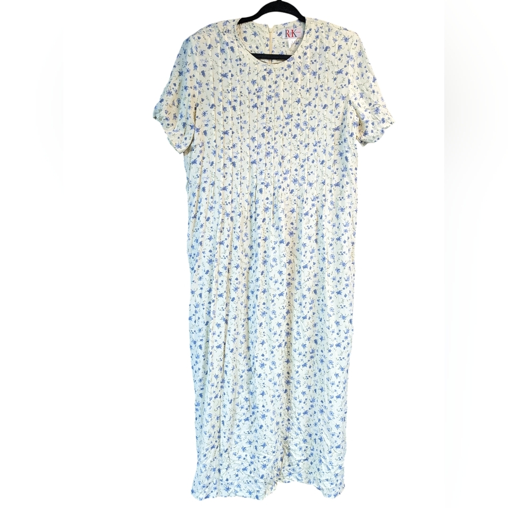 Vintage 90s Tie Back Blue Floral Print Cotragcore Maxi Prairie Dress Size 14